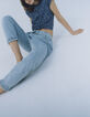 Blauwe paperbag jeans met fijne witte streepjes Dames-1