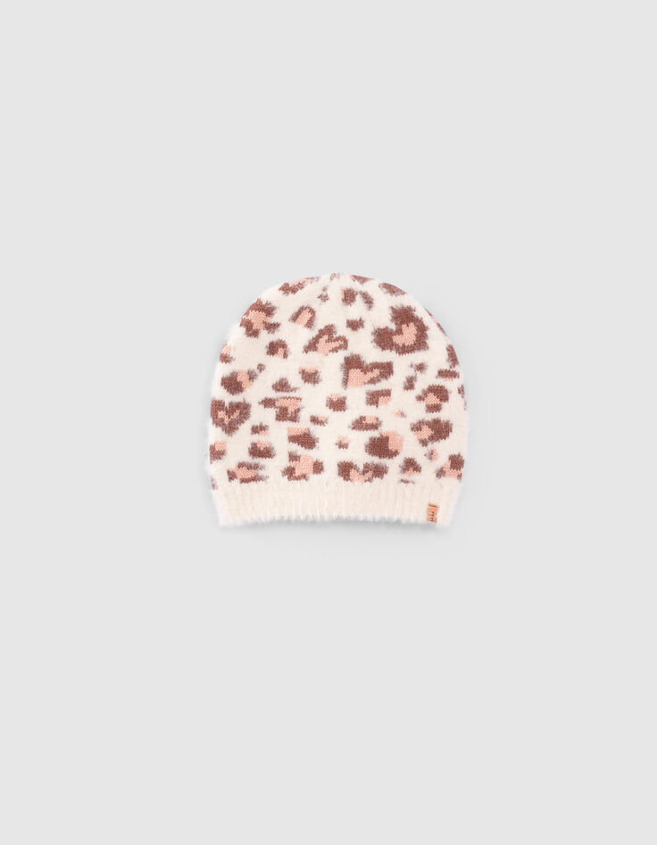 Ecru tricot muts luipaard-hartjesmotief meisjes-1