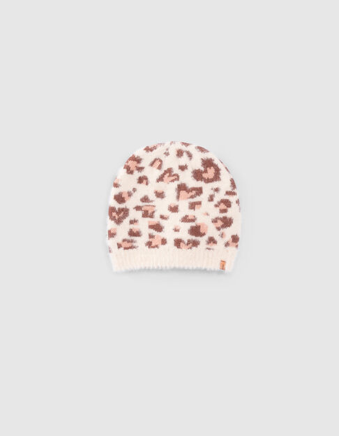 Girls’ ecru leopard-heart motif knit beanie