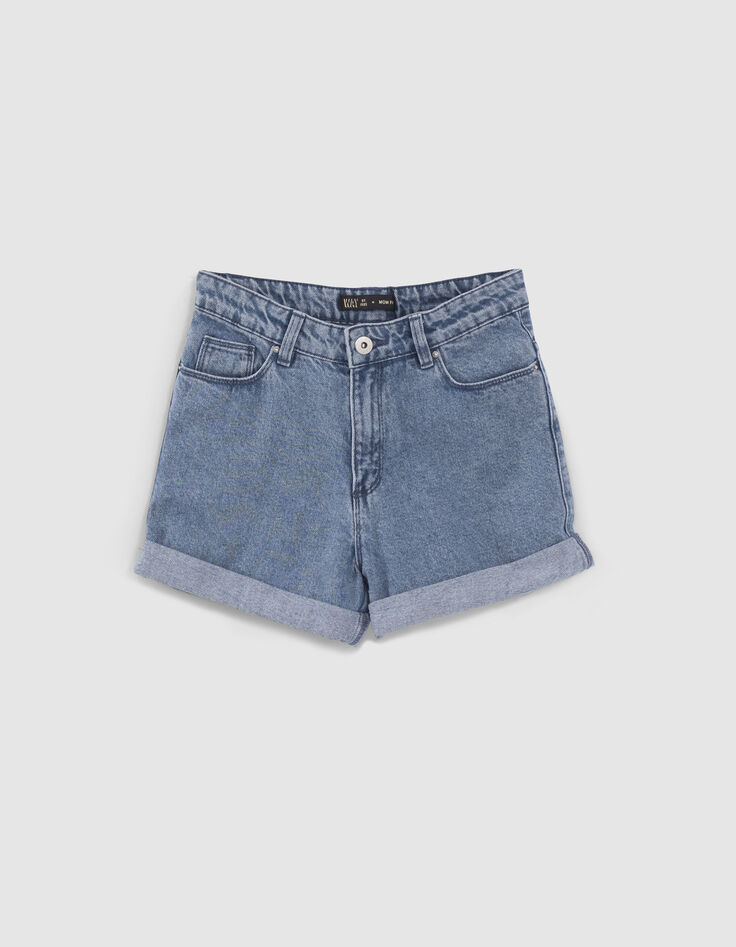Girls’ blue organic cotton cuffed denim shorts-1