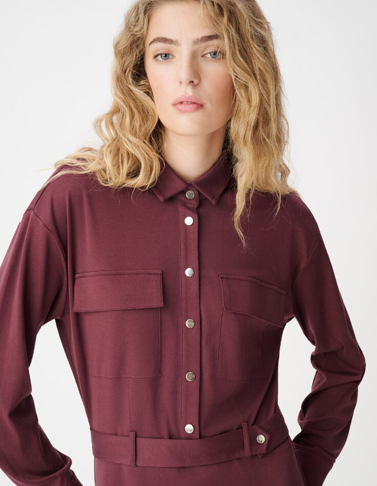 Bordeauxrode gebreide shirtjurk voor dames met riem-4