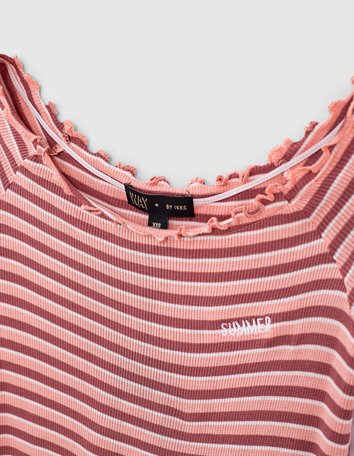 Koraalrood T-shirt gestreept geribd cropped meisjes-2