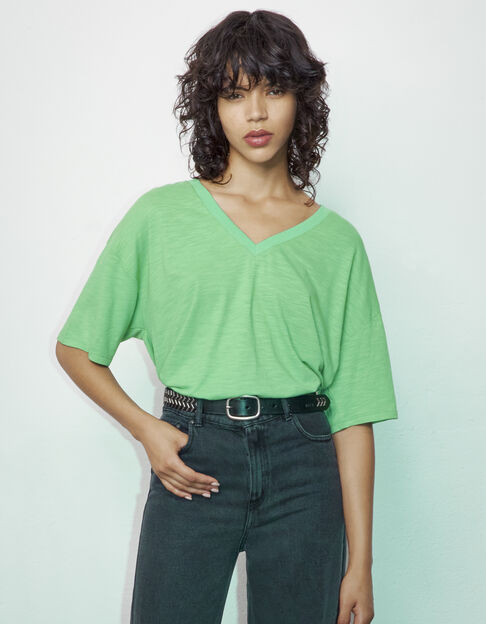 Grünes Damen-T-Shirt aus Baumwolle mit Fischgrätenpatch