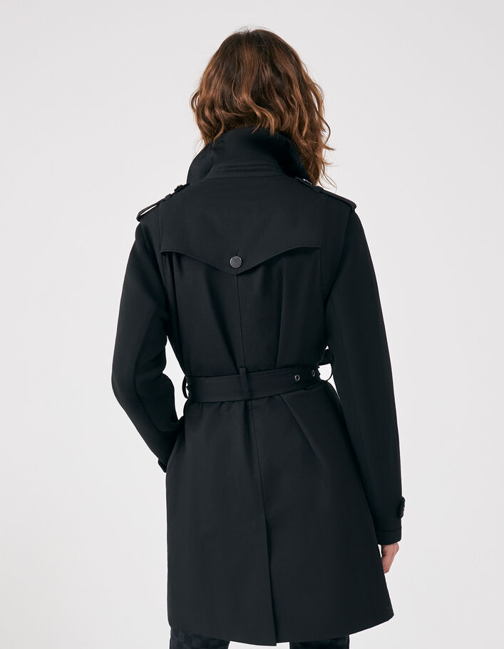 Women’s black mixed fabric trench coat + neoprene sleeves - IKKS