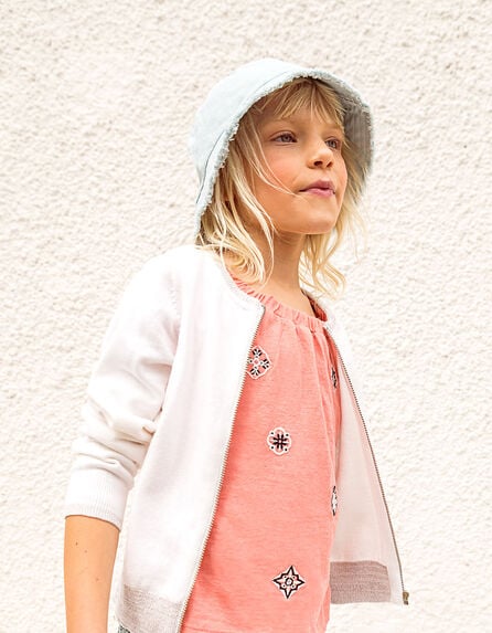 Girls’ off-white mixed-fabric cardigan + embroidered back