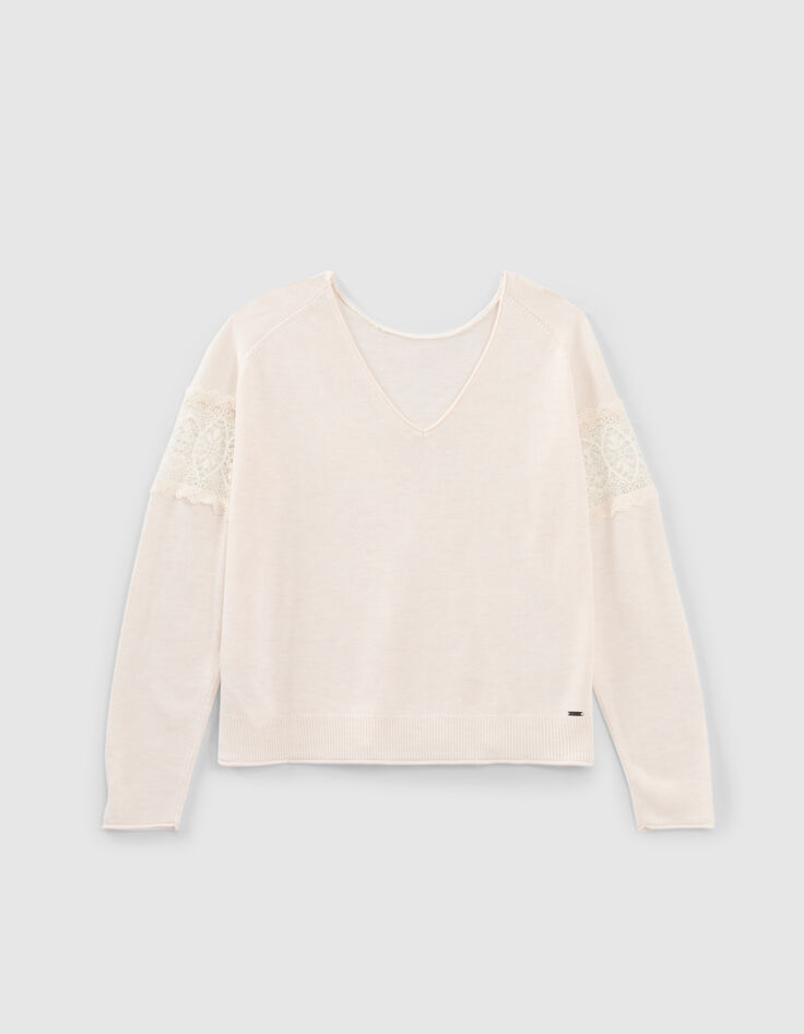 Pull réversible écru tricot dentelle aux manches Femme-7