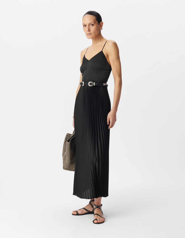 Women's pleated black maxi dress with thin straps-1