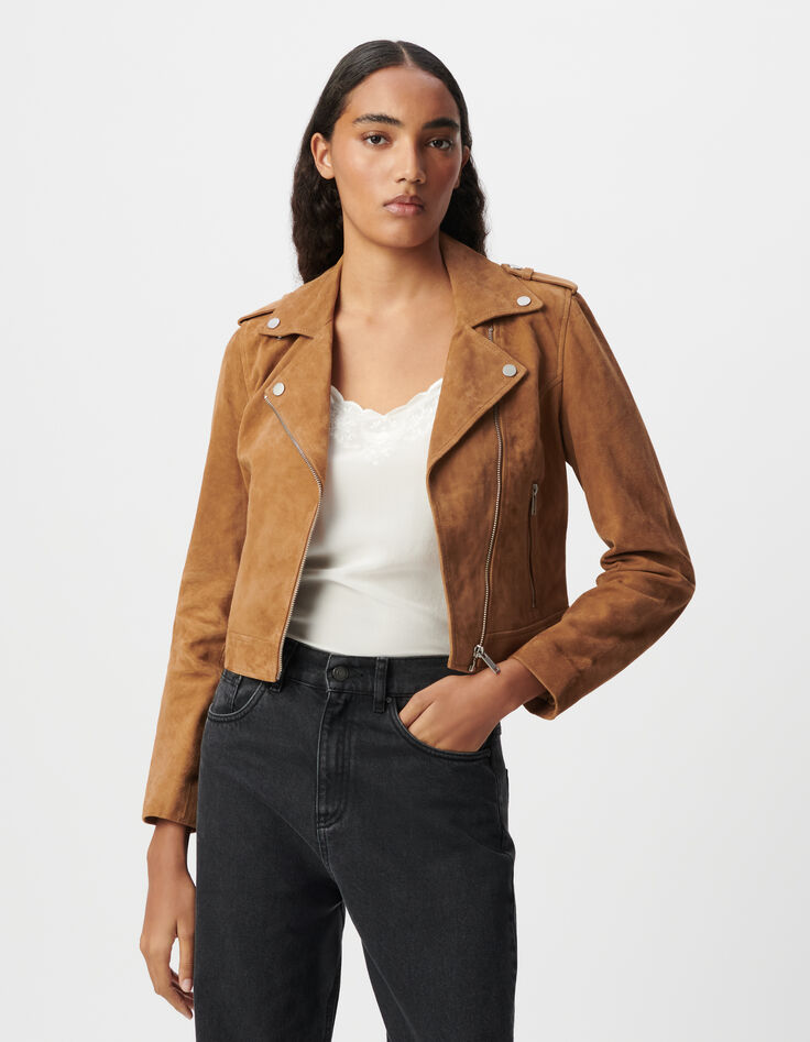 Veste camel cuir velours esprit motard Femme-2