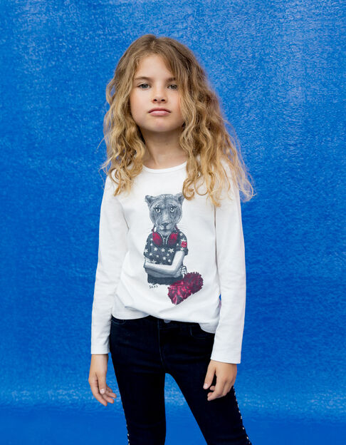 Cremeweißes Mädchen-T-Shirt mit Pompomgirl-Löwinnenmotiv