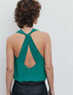 Top turquoise crêpe détail dos croisé sans manches femme-3