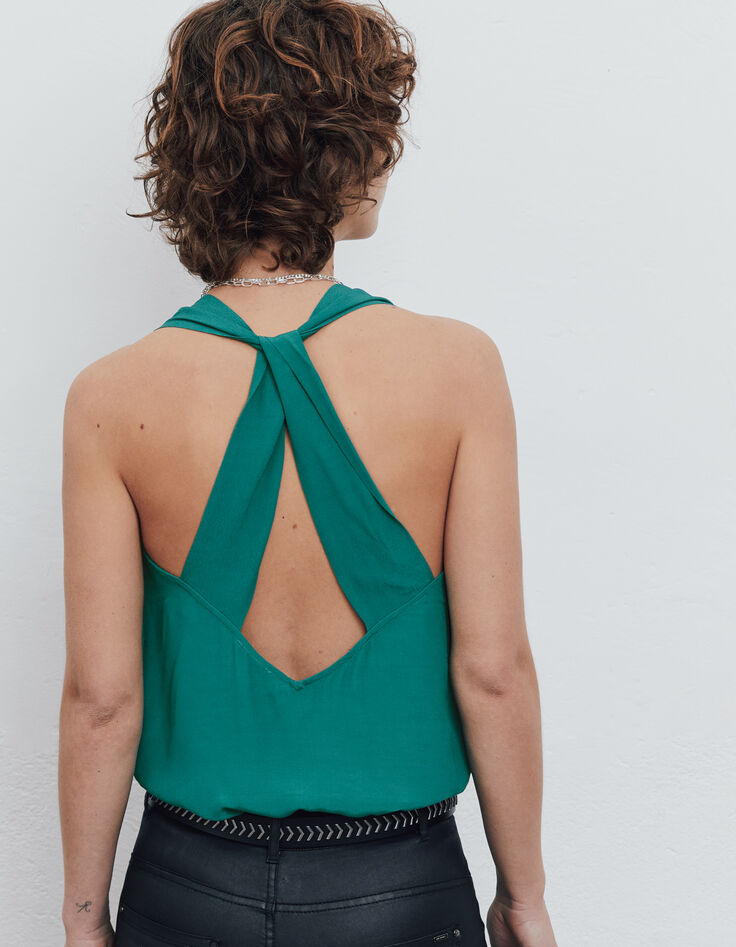 Top turquoise crêpe détail dos croisé sans manches femme-3