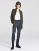 Cardigan kaki mi-long broderie dos femme-7