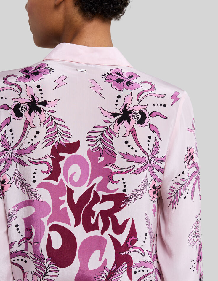 Chemise rose imprim&eacute; fleurs et palmiers Femme-3