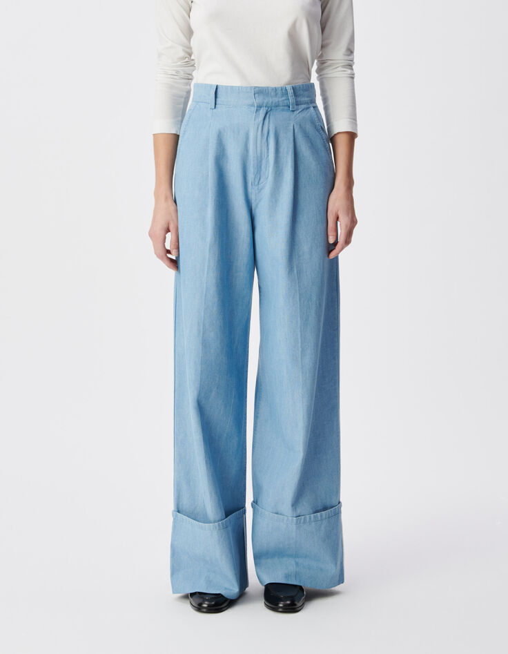 Dames blauw broekpak van biologisch katoen met brede revers-2