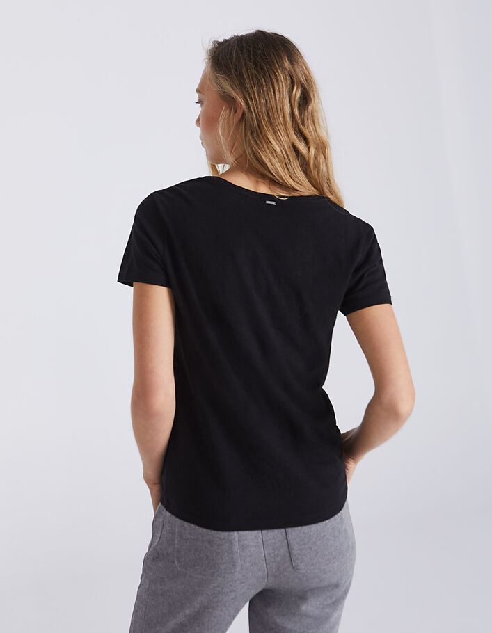 Formular Torpe col china Camiseta cuello pico negra de algodón visual espiga mujer