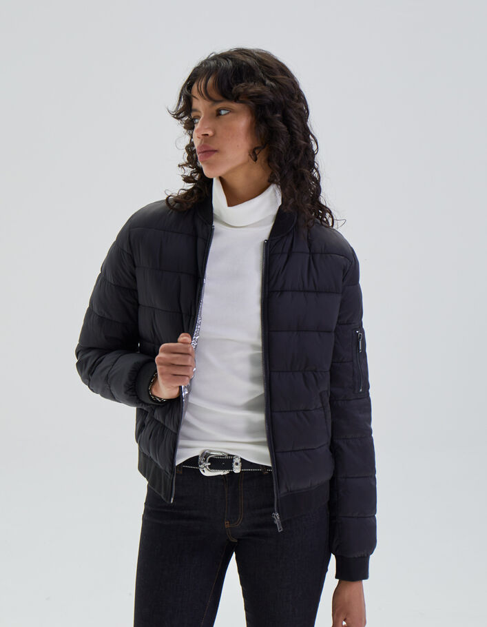Women’s black high-collar short light padded jacket, badge - IKKS