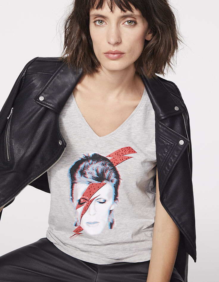 T-shirt katoen-modal opdruk Bowie Stardust, V-hals, dames-2