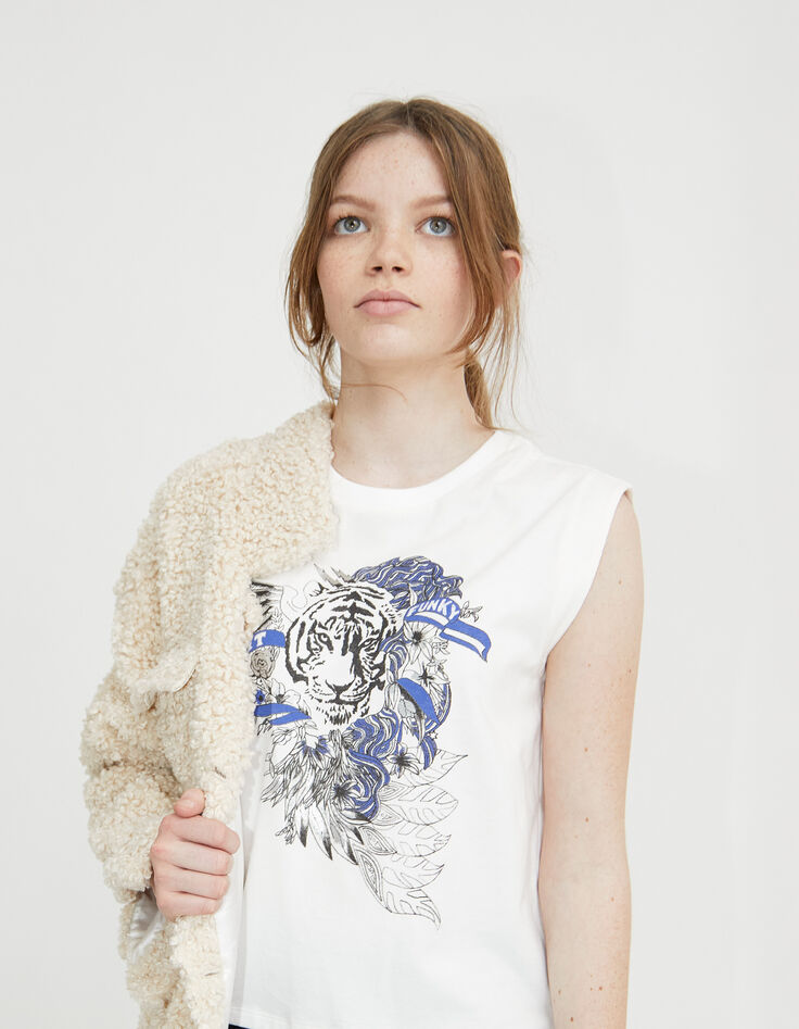 T-shirt blanc cass&eacute; coton bio visuel tigre fille-2