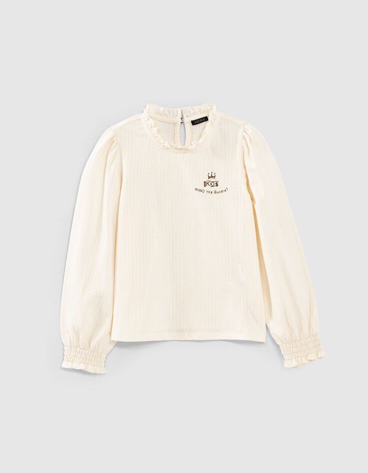 Girls’ ecru T-shirt with ruff collar-1
