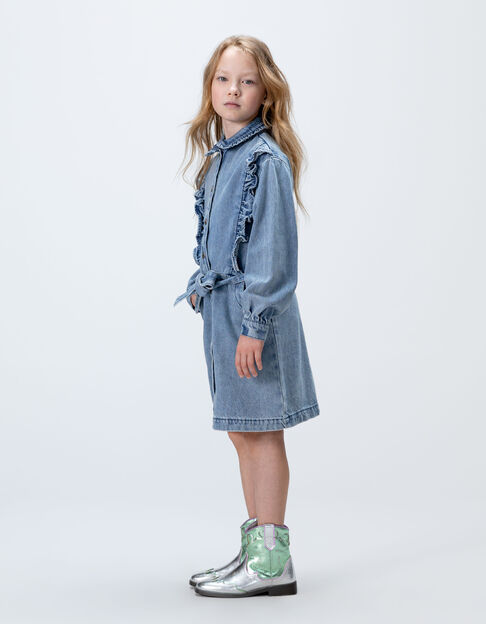 Robe en jean bleu ceinturée détails volants fille - IKKS