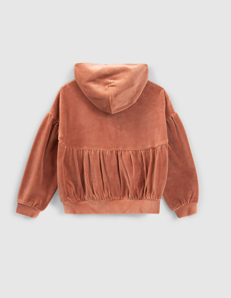 Cardigan rose cuivré maille velours à capuche fille-4