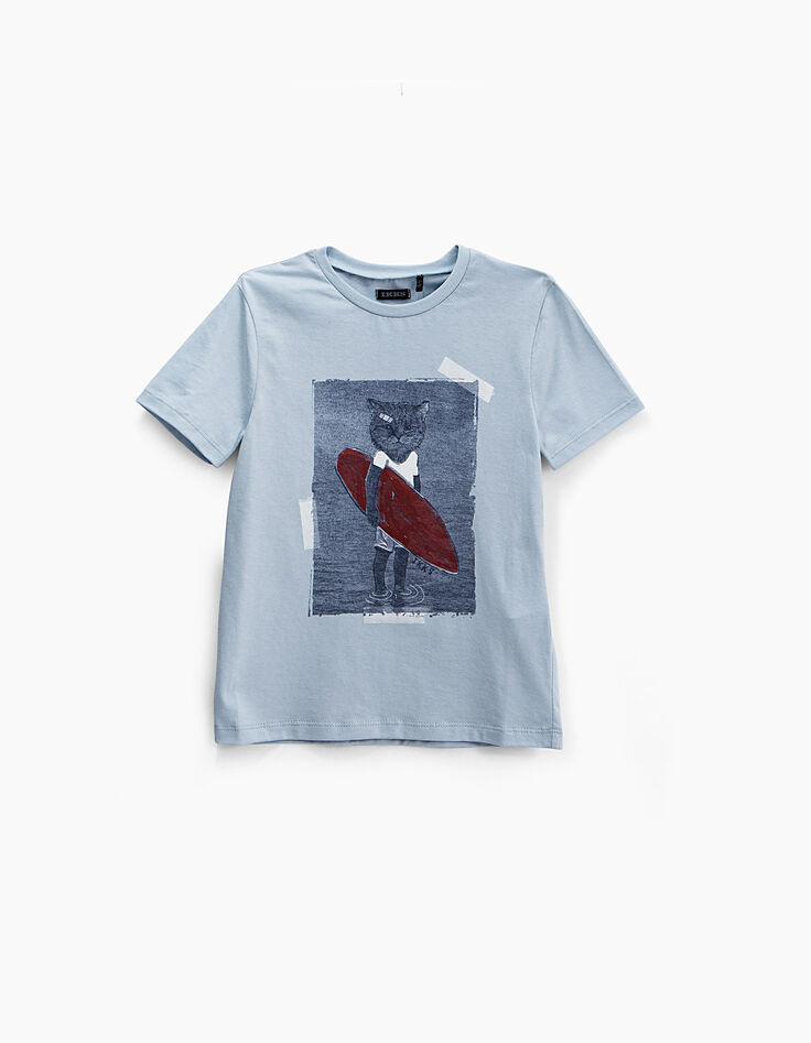 Camiseta azul celeste dibujo gato surfista niño-1 Camiseta azul celeste dibujo gato surfista niño-1
