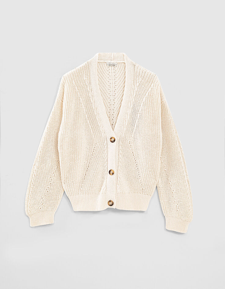 Cremeweiße Damenstrickjacke aus recycelter Baumwolle-1