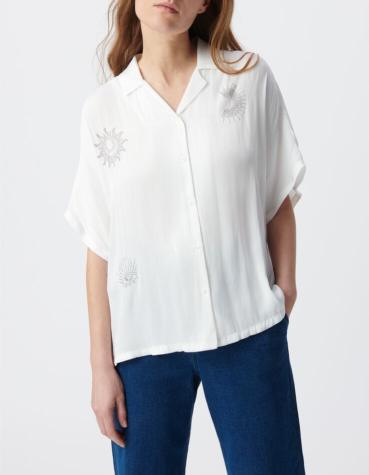 Wei&szlig;es Knitterhemd f&uuml;r Damen mit Nietenmuster-2