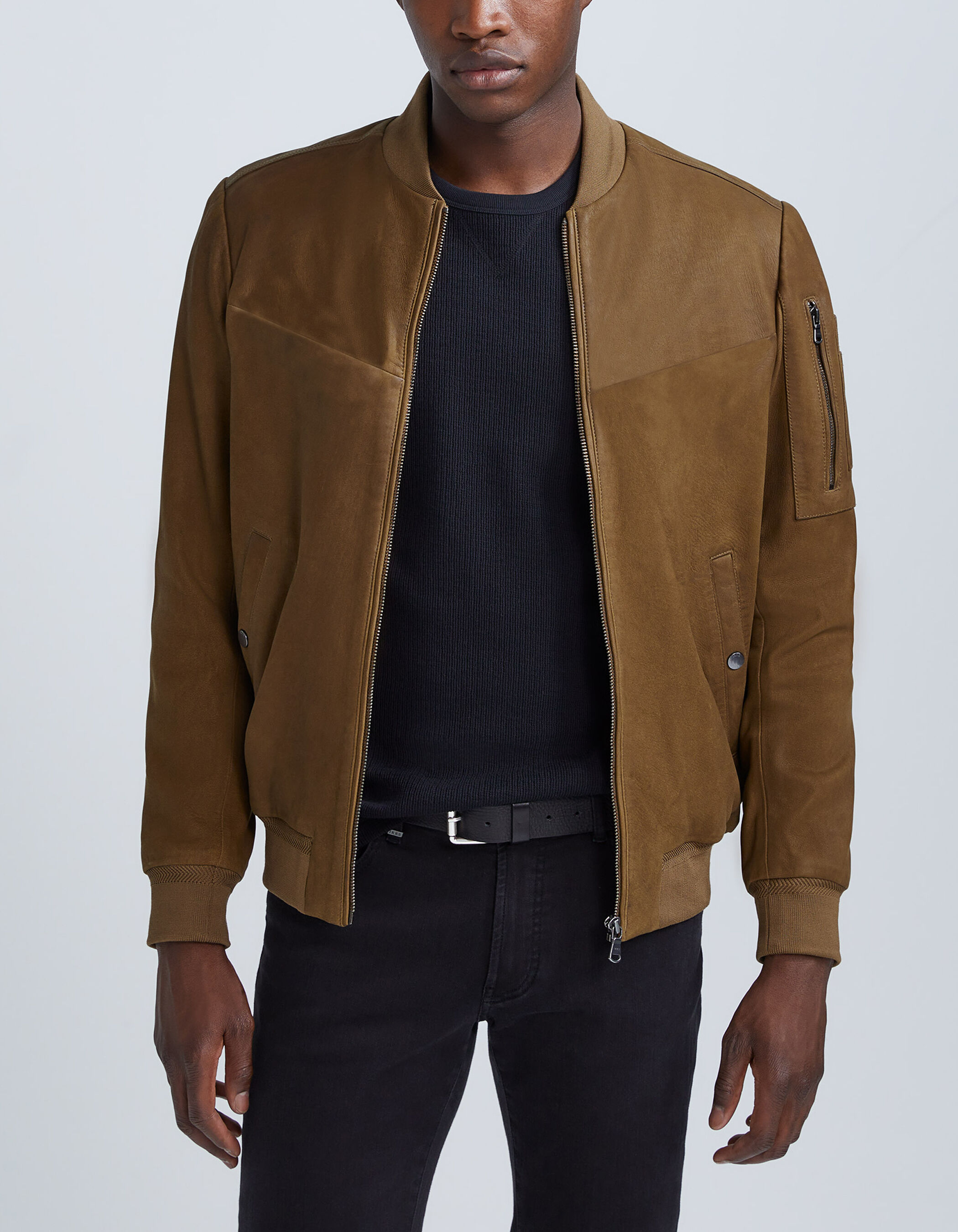 Men s beige leather bomber jacket with zipped pockets