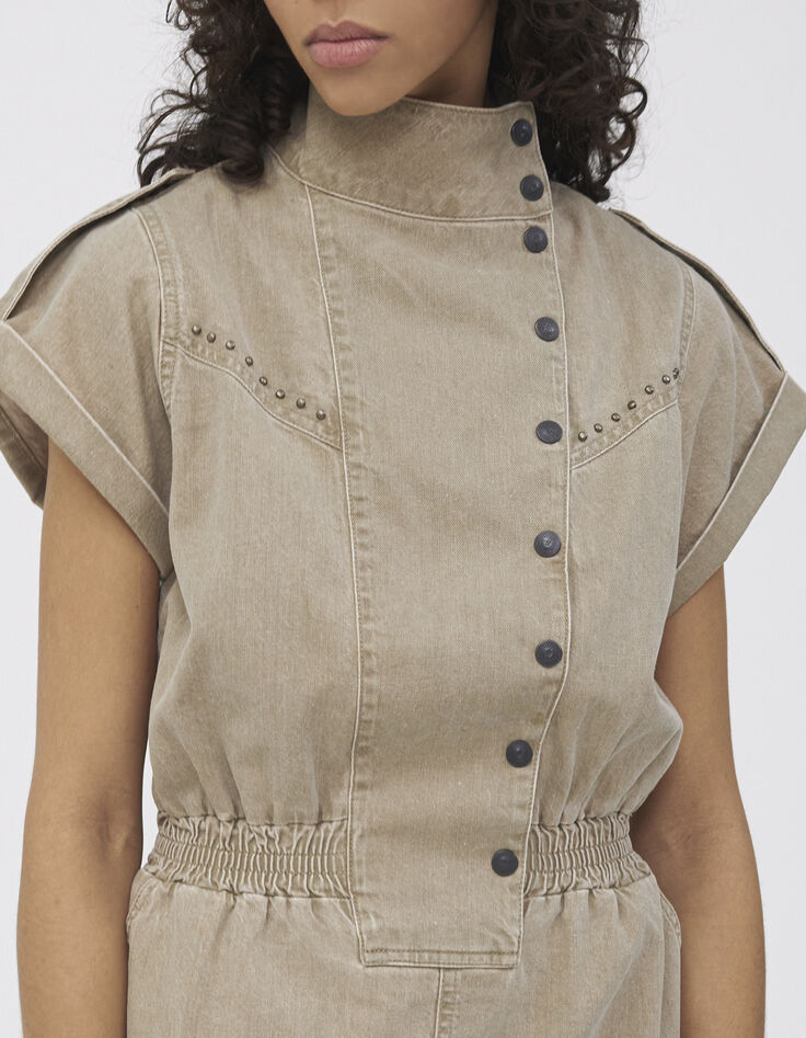 Women’s light khaki Terra Denim dress, studded high neck-3