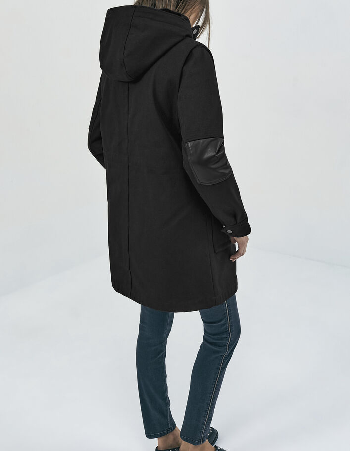 Women’s black topstitched twill hooded mid-length parka - IKKS