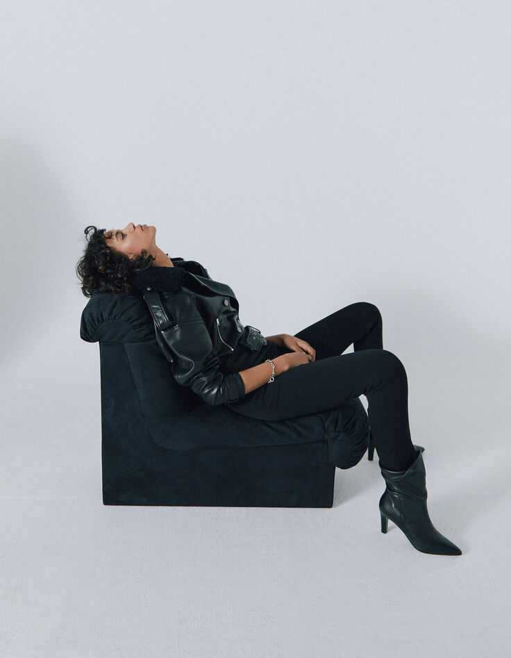 Women’s black leather jacket with faux sheepskin collar-2