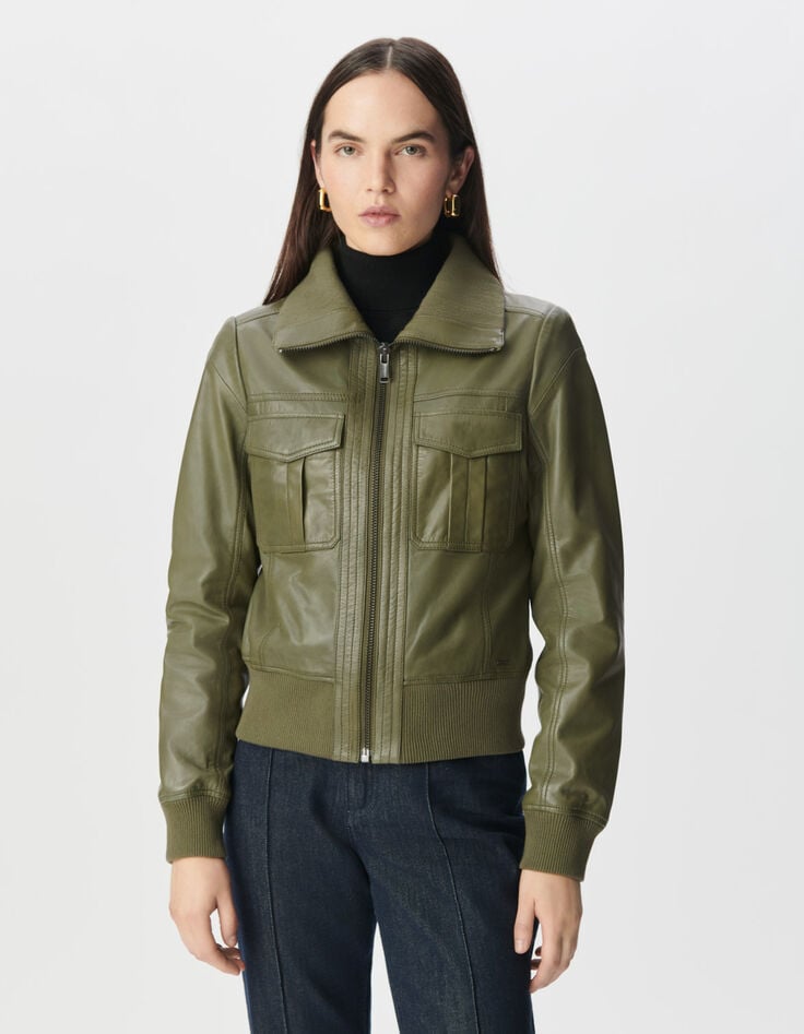 Blouson court kaki cuir délavé Femme-5 Blouson court kaki cuir délavé Femme-5