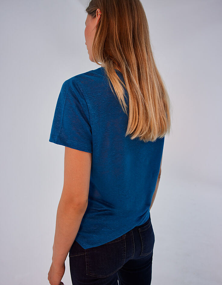 Tee-shirt en lin bleu visuel flocage velours devant femme-3 Tee-shirt en lin bleu visuel flocage velours devant femme-3