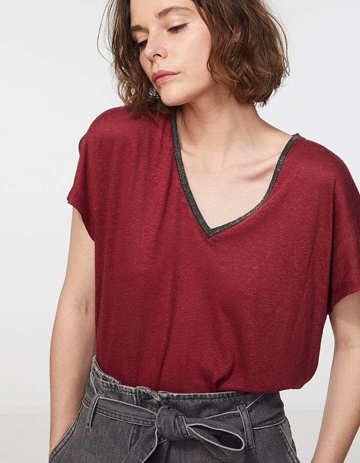 Camiseta de lino granate cuello con perlas joya para mujer-2 Camiseta de lino granate cuello con perlas joya para mujer-2