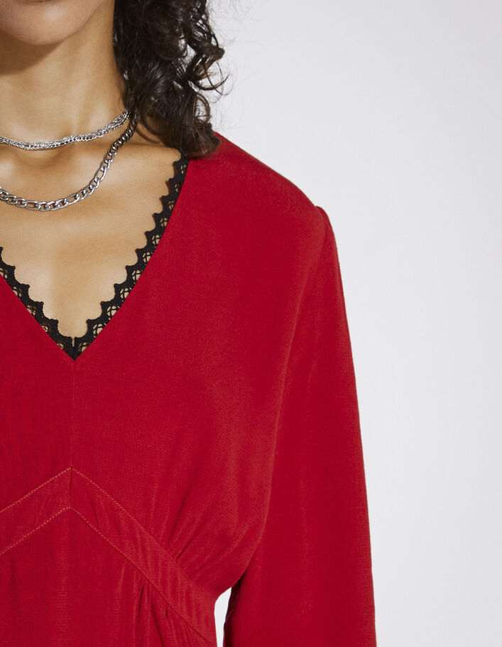 Blusa viscosa roja encaje escote mujer - IKKS