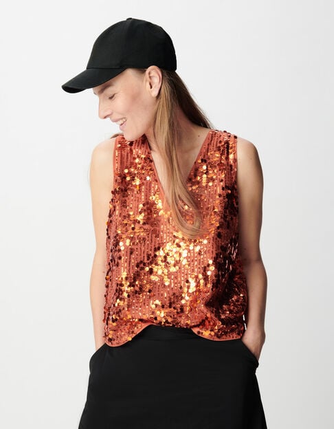 Mouwloze top met pailletten in pompoenkleur &ndash; Dames - IKKS