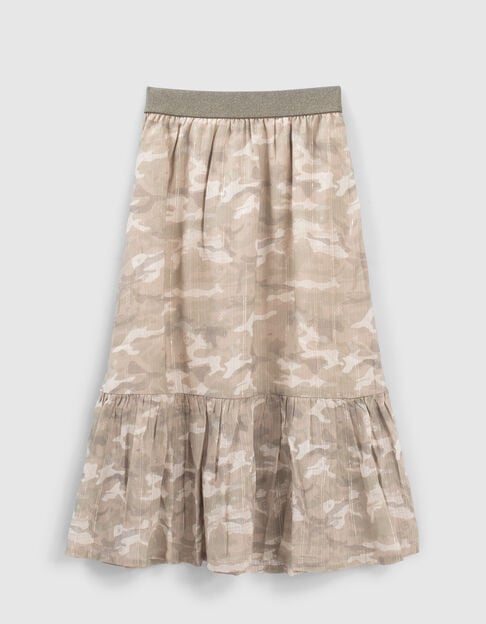Girls’ khaki camouflage print skirt with gold stripes