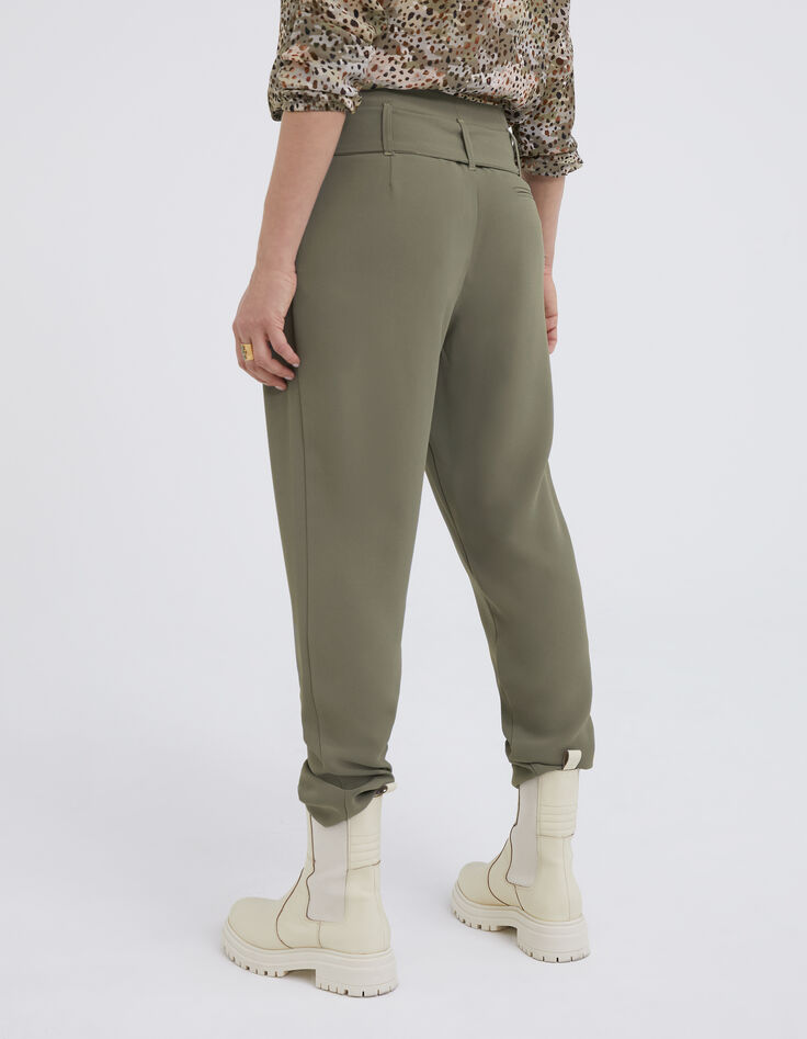Women’s khaki belted high-waist straight trousers-3