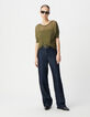 Pull kaki tricot lurex ajouré encolure V dos Femme-1