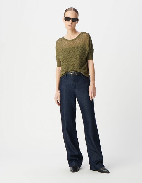 Mujer de color caqui de punto de lurex calado suéter con cuello en V - IKKS