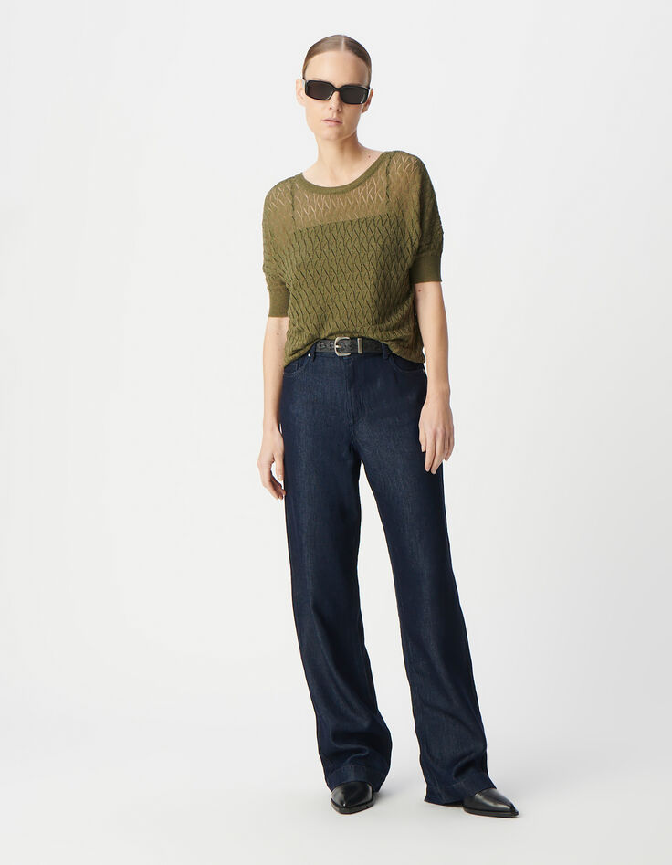 Pull kaki tricot lurex ajouré encolure V dos Femme-1