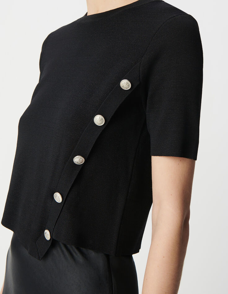 Asymmetrischer Damen-Kurzarmpullover aus Strick mit Knopfleiste, schwarz-4