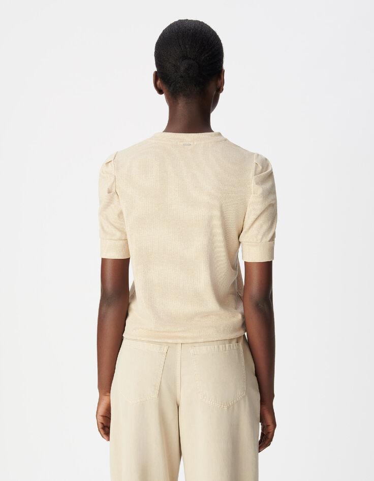 Tee-shirt col rond dor&eacute; paillet&eacute; manches fronc&eacute;es Femme-3