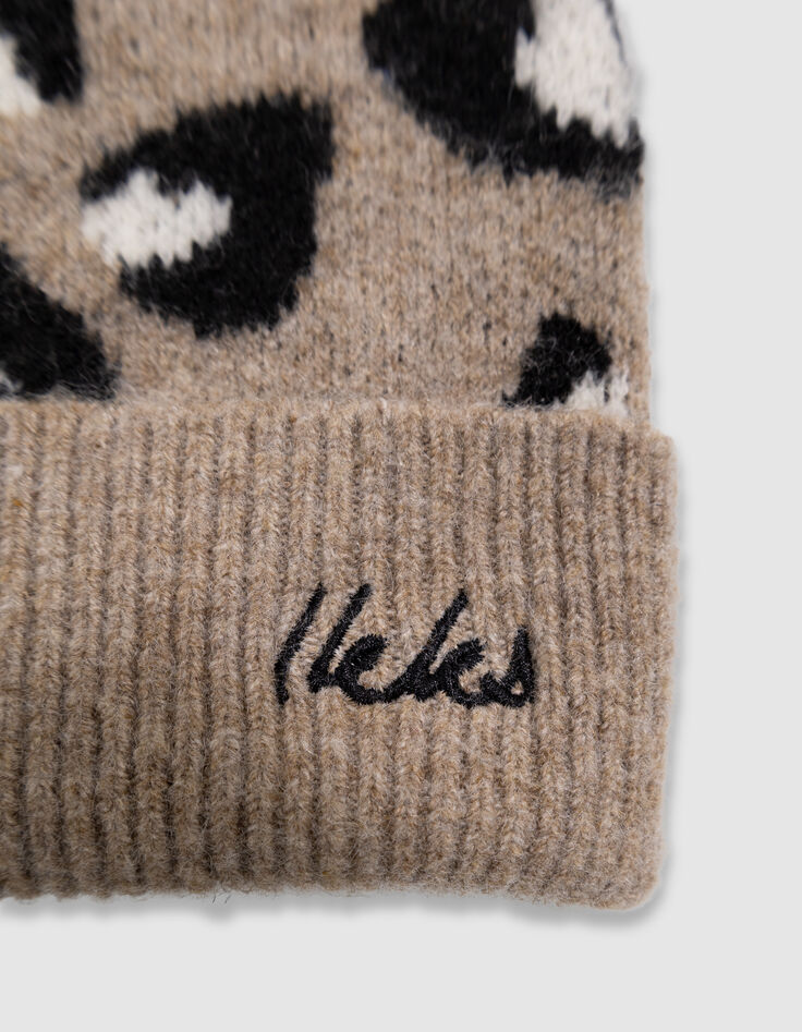 Girls’ beige knit beanie with leopard motif-7 Girls’ beige knit beanie with leopard motif-7