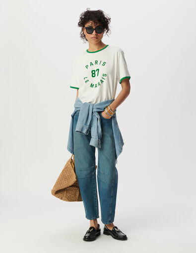 Tee-shirt blanc bords-côtes verts à message - IKKS