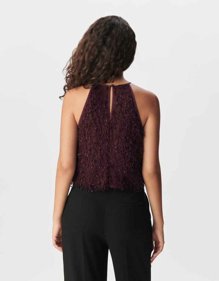 Top cropped sin mangas burdeos pluma mujer-3