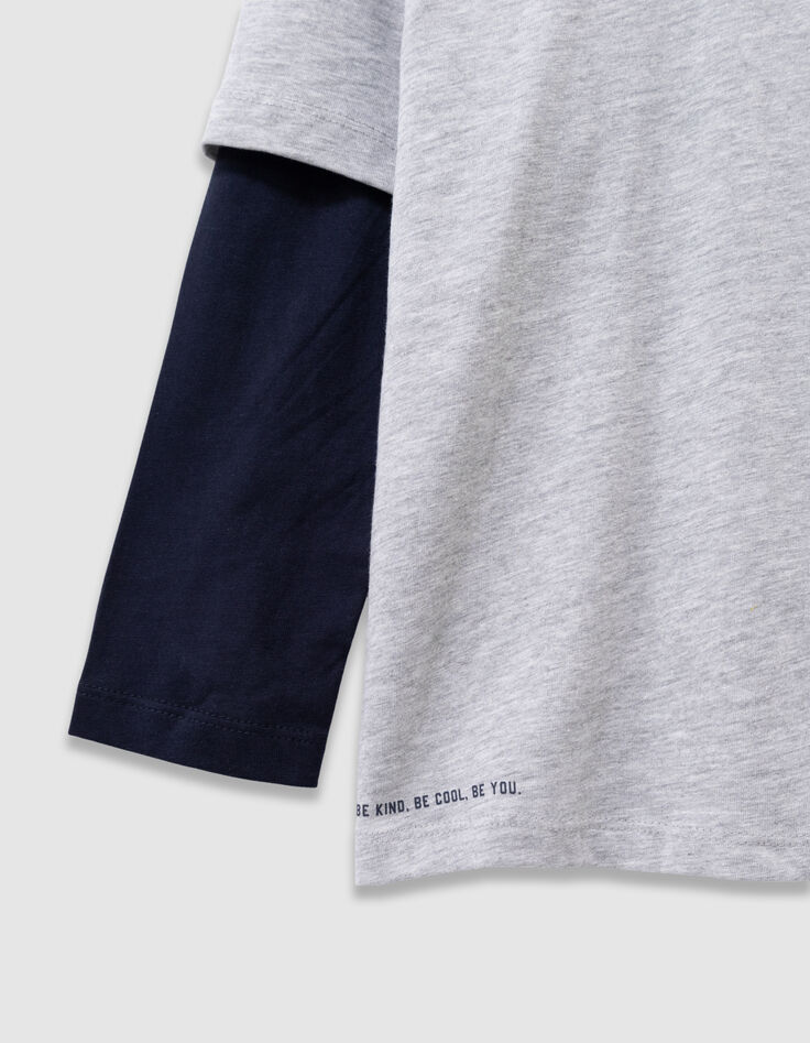 Grijs T-shirt biokatoen trompe l'oeil mouwen jongens-8