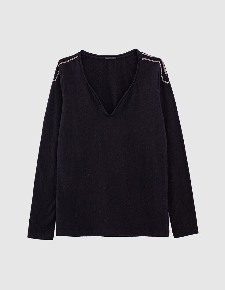 Tee-shirt noir manches longues badge bijoux épaules femme-1