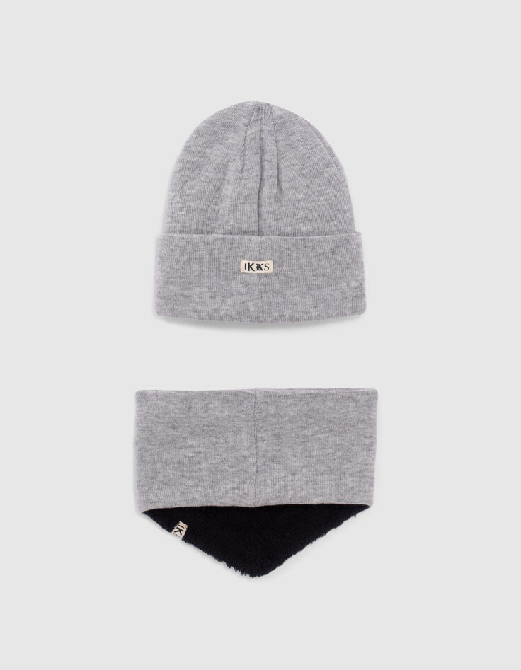 Bonnet-masque et snood tricot gris garçon -4